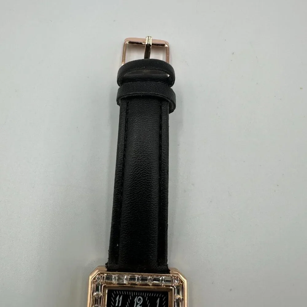 Strada Watch Women Rose Gold Tone Black Dial Crystal Bezel New Battery 9